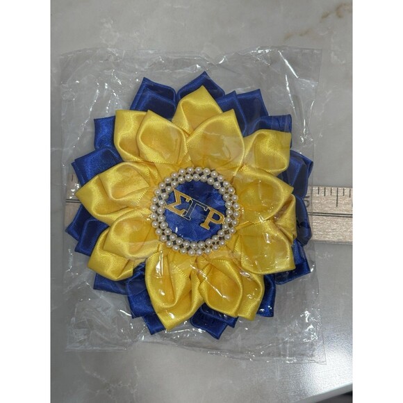 Sigma Gamma Rho SGRho Sorority Flower Brooch Pin Blue & Gold Satin Ribbon New - Picture 3 of 3
